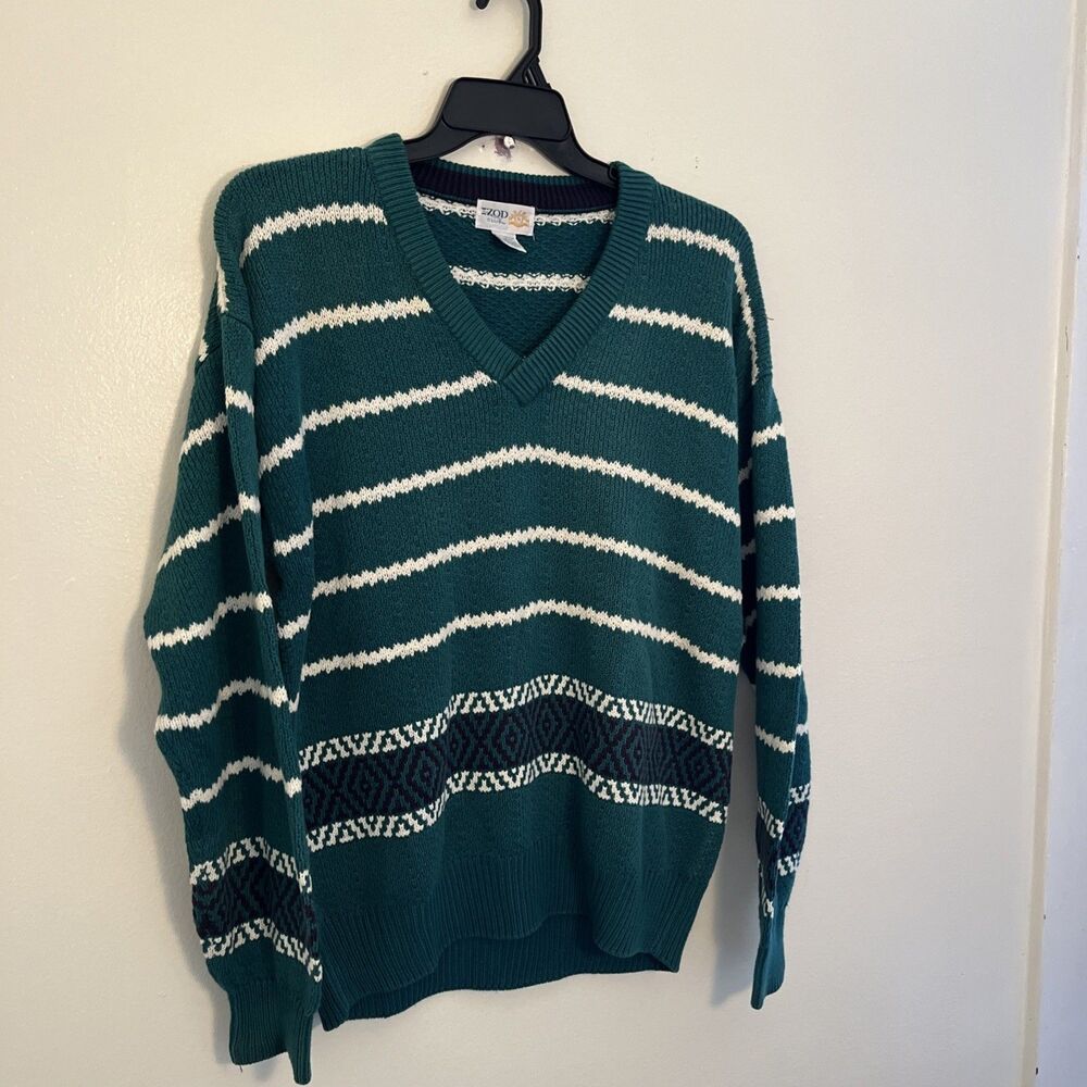 IZOD Vintage 80s Aztec Cotton Striped Grandpa Knit V Neck Sweater, Teal- Med. - Picture 3 of 9